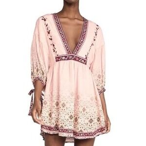 Agua Bendita Alex Kezia Pink Floral Boho Mini Dress Deep V Open Back L/G